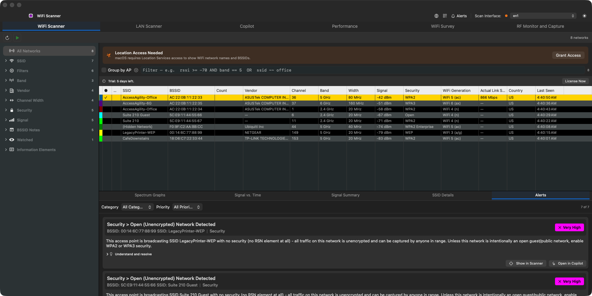 Scanner tab's Alerts sub-tab showing a list of security and configuration findings with severity badges