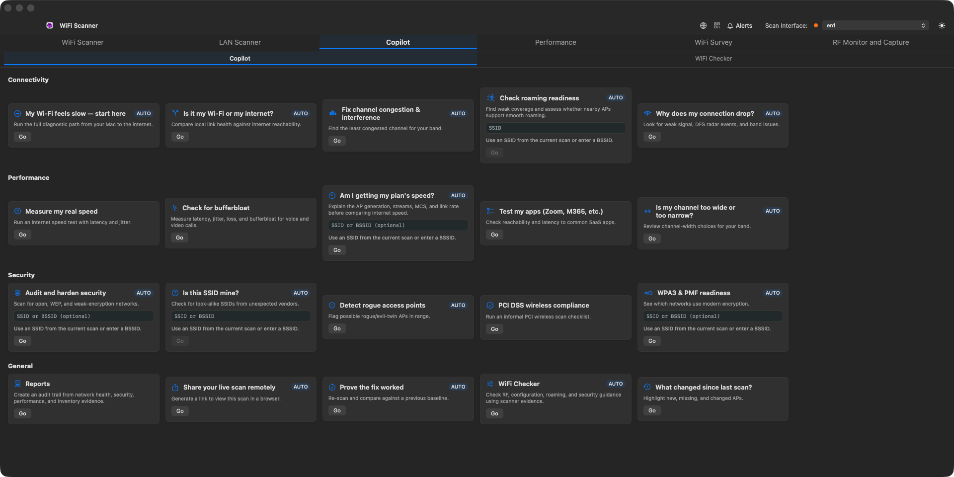 Copilot tab showing goal-first outcome cards grouped by Connectivity, Performance, Security, and General