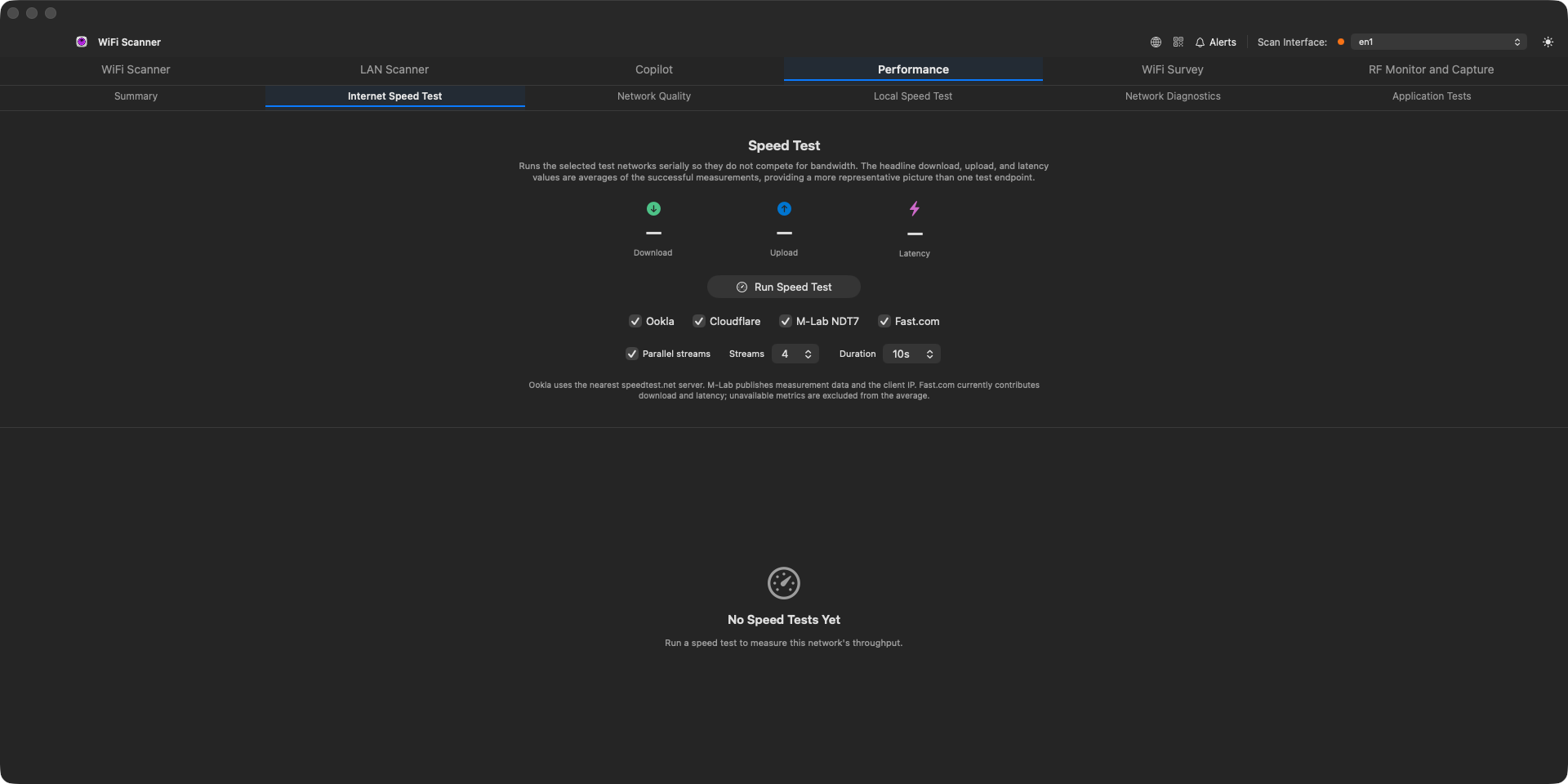 Performance tab Internet Speed Test sub-tab