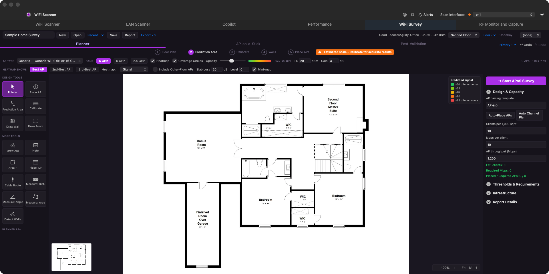 WiFi Survey tab in Planner mode, showing a floor plan with heatmap prediction and design tools