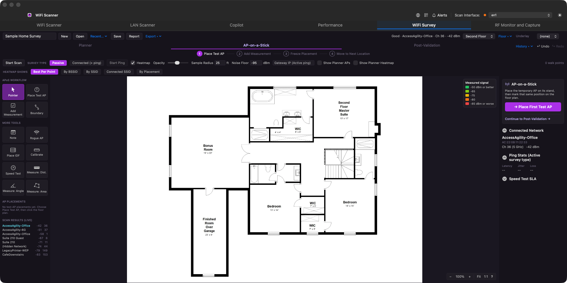 WiFi Survey tab in AP-on-a-Stick mode, showing the numbered workflow stepper and live scan results panel