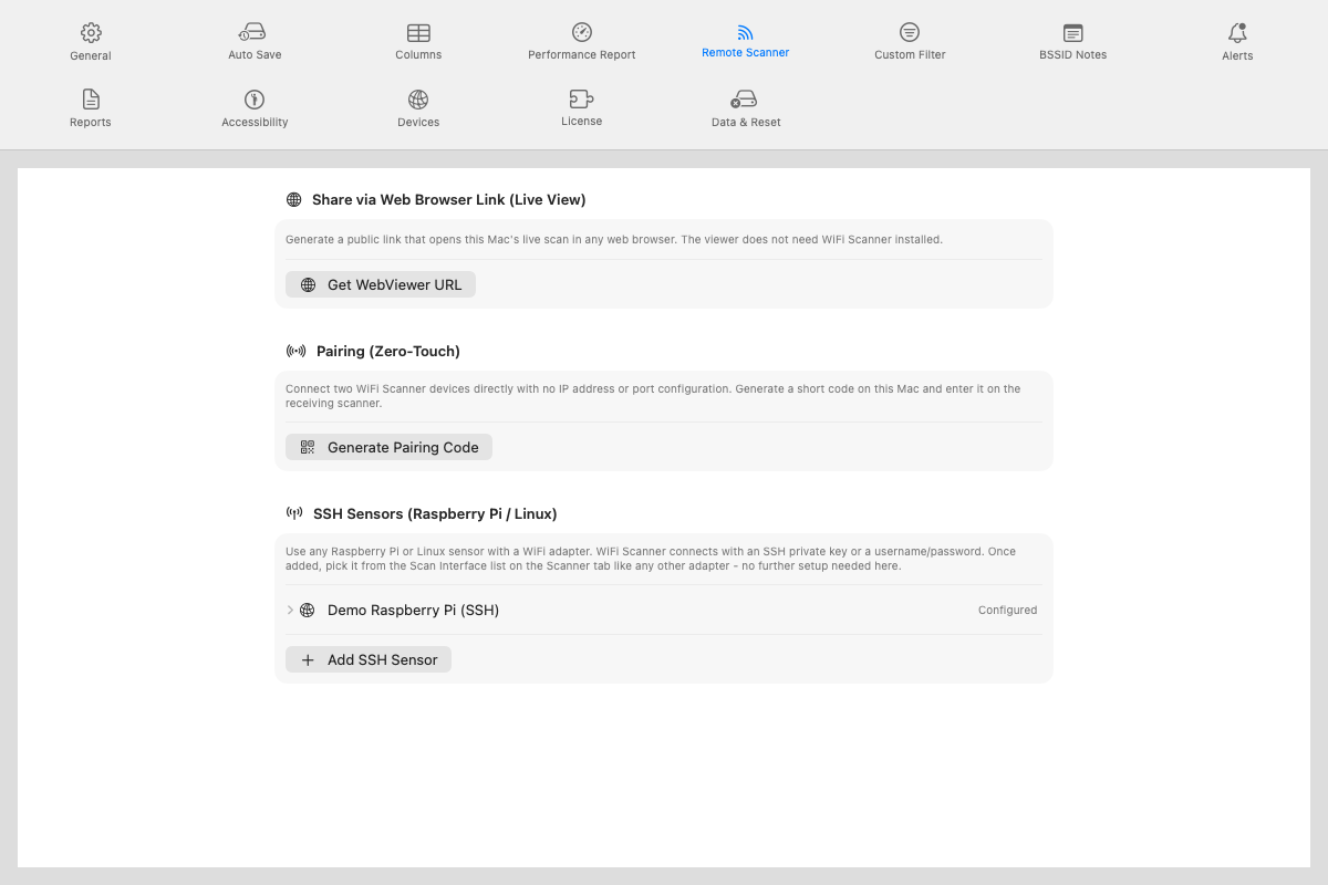Settings Remote Scanner pane