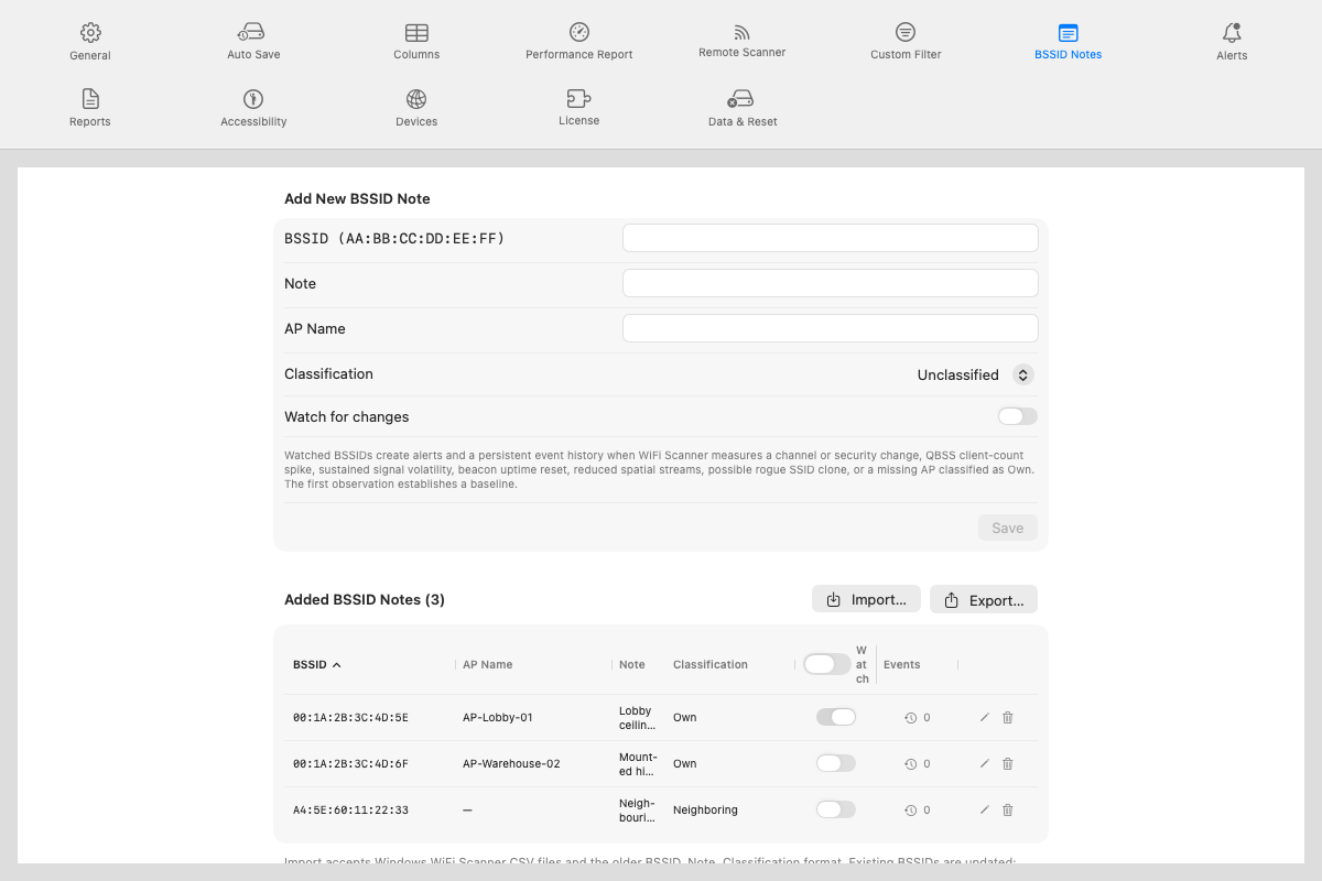 Settings BSSID Notes pane