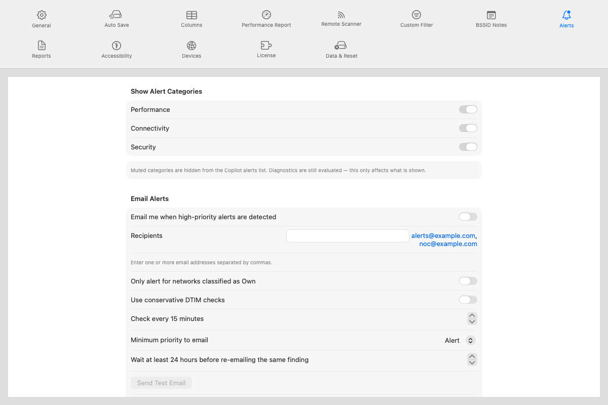 Settings Alerts pane