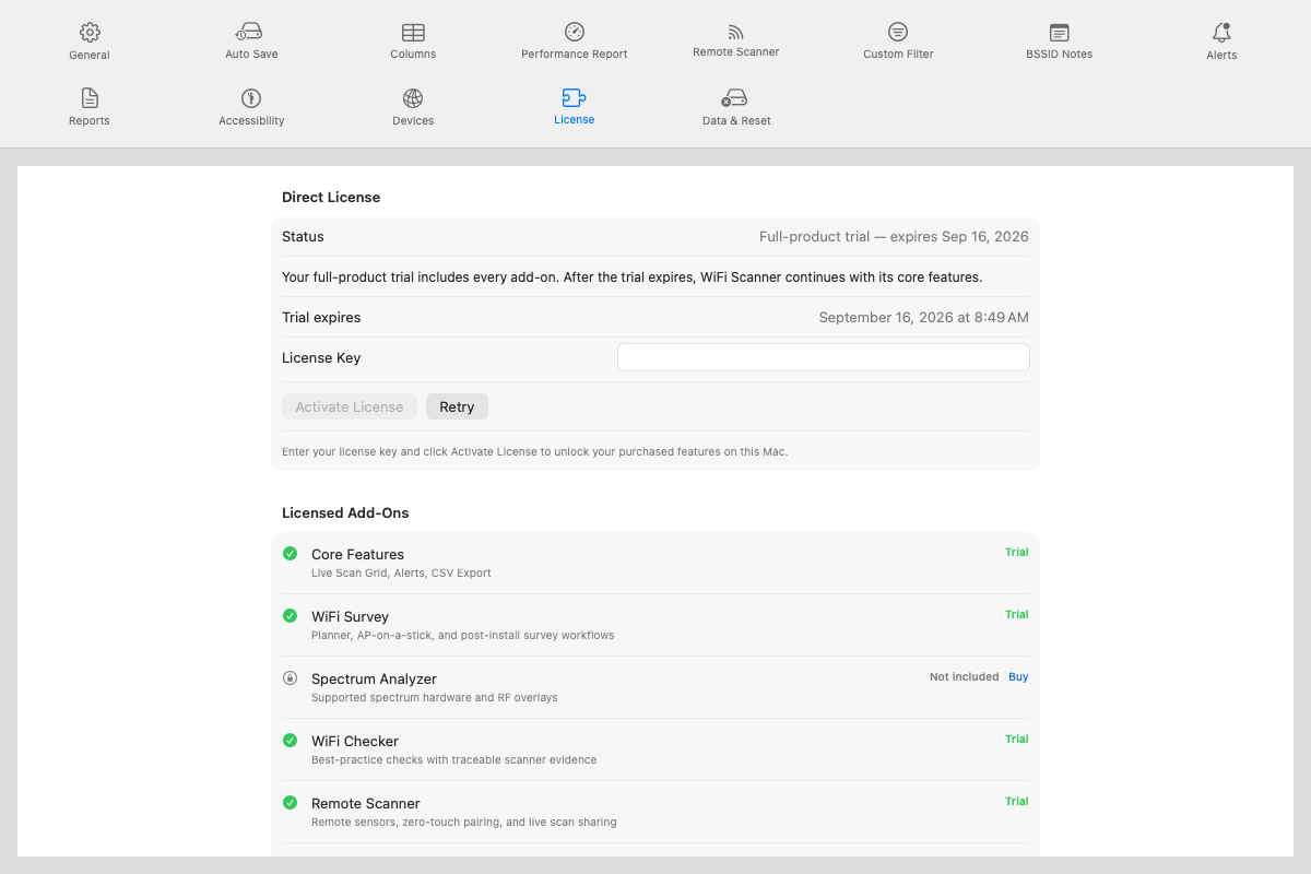Settings License pane showing an active Pro license and per-add-on entitlement list