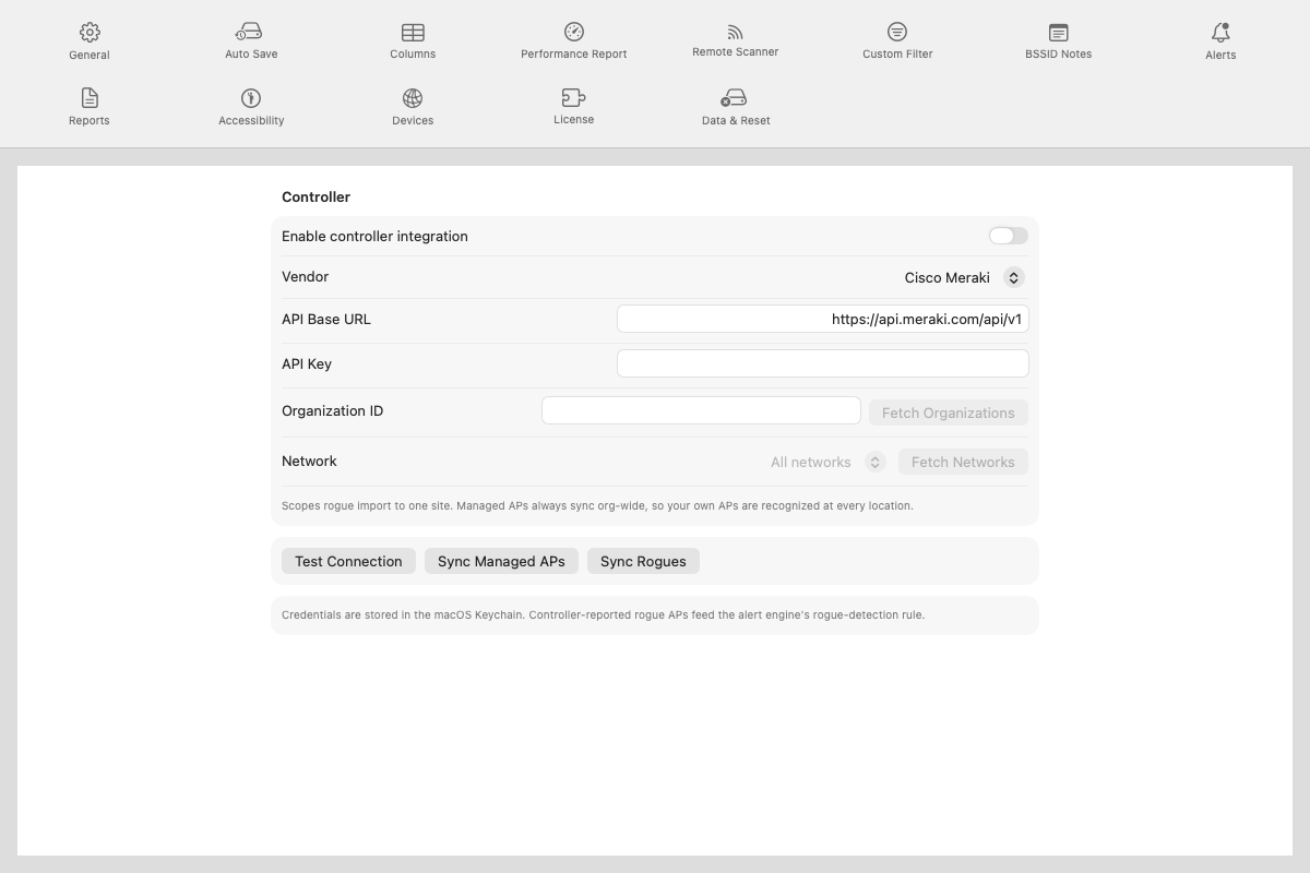 Settings Integration pane showing controller vendor picker, API credential fields, and sync buttons
