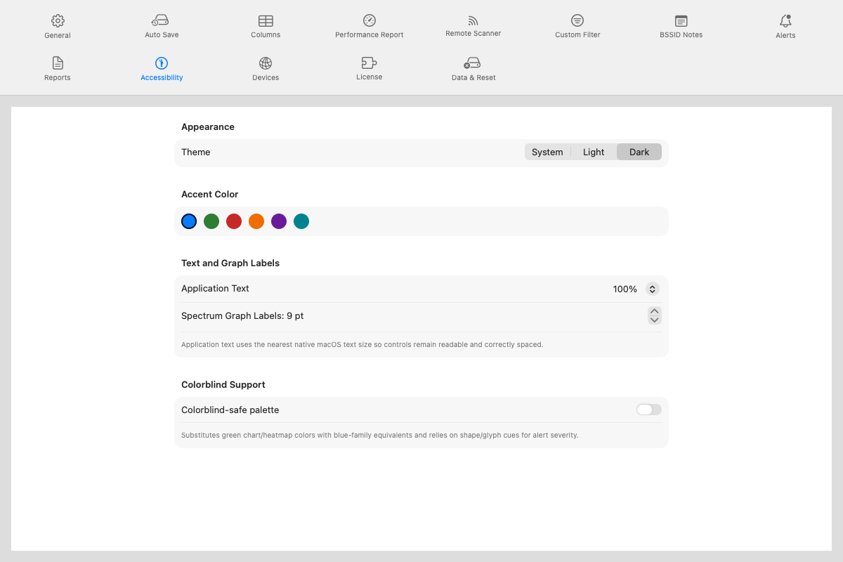 Settings Accessibility pane showing theme, accent color, text size, and colorblind-safe palette controls