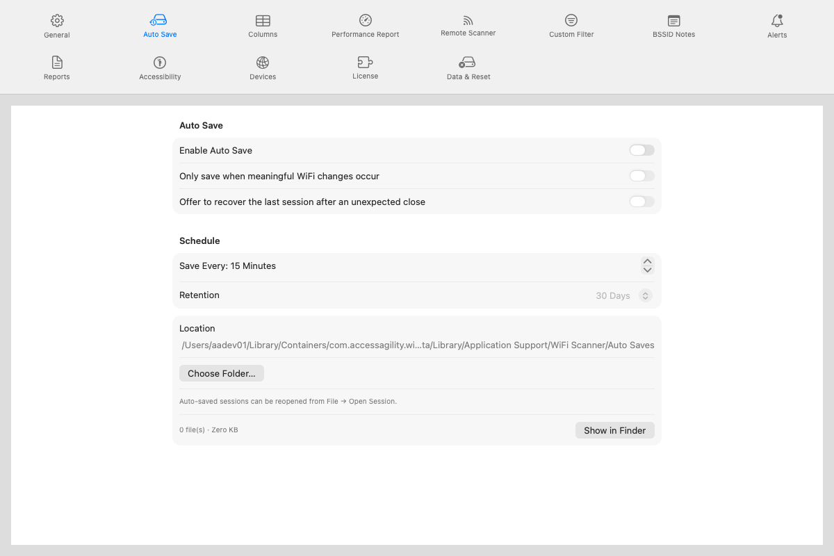 Settings Auto Save pane