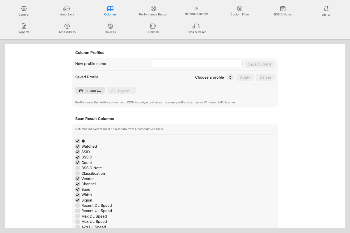 Settings Columns pane