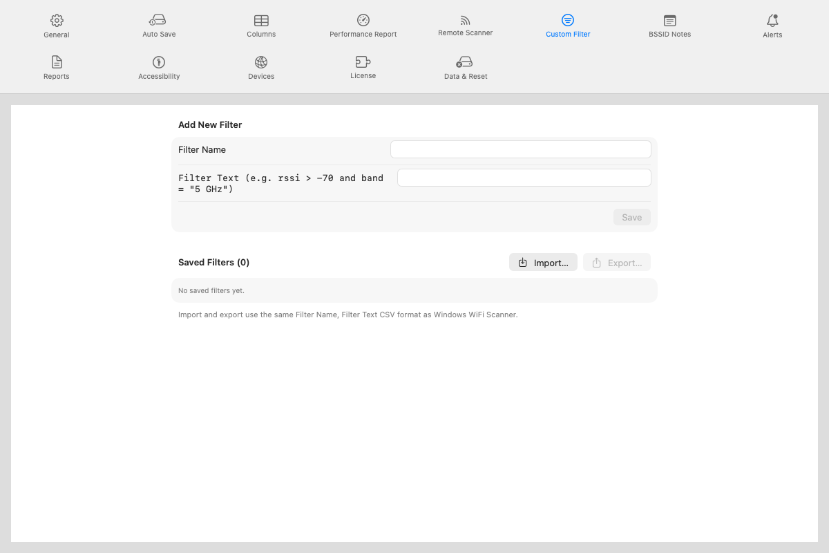 Settings Custom Filter pane