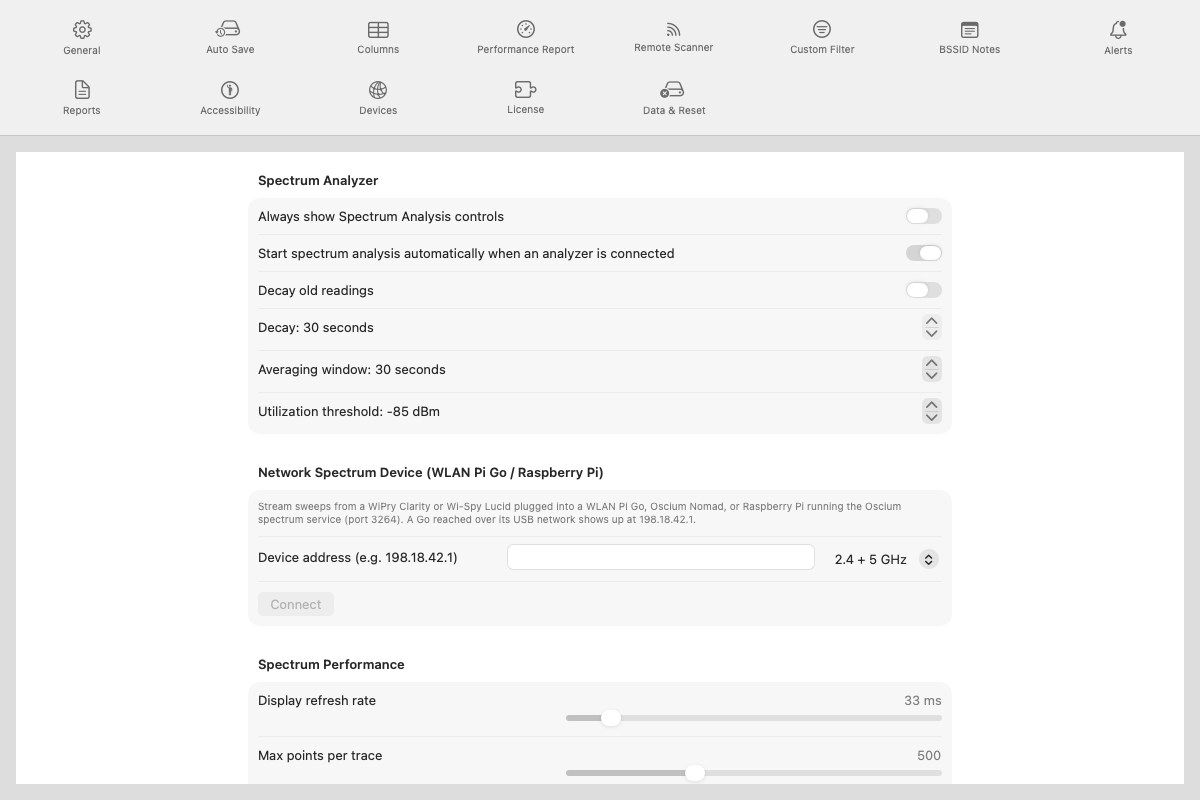 Settings Spectrum pane showing analyzer options, the network spectrum device address field, and performance sliders
