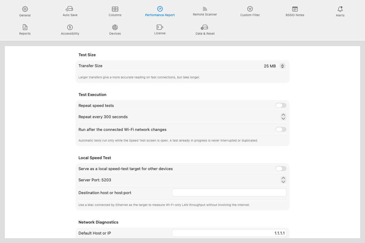 Settings Performance Report pane