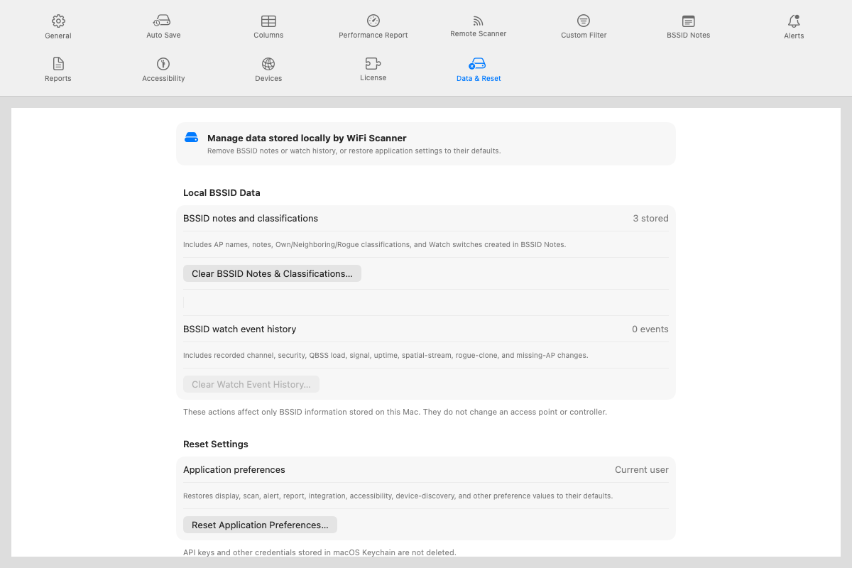 Settings Data and Reset pane
