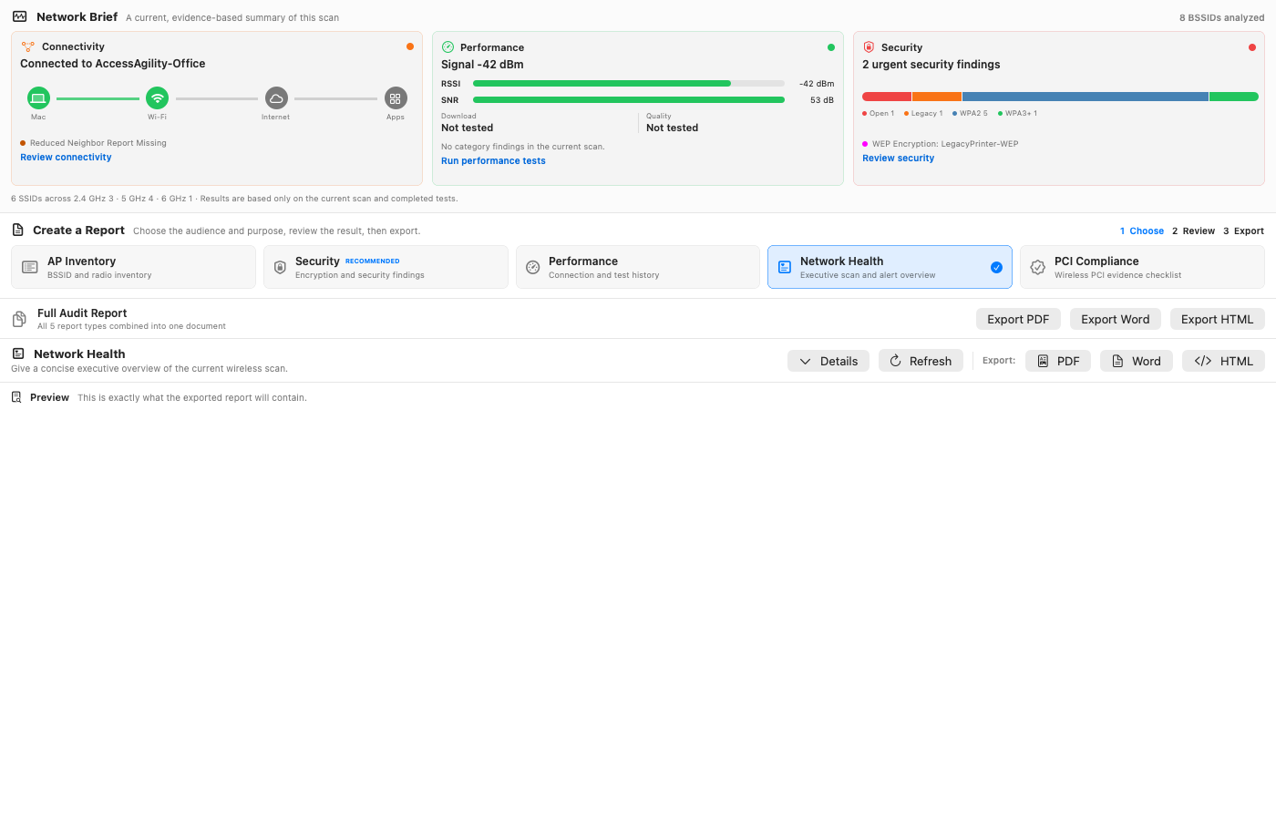 Reports sheet showing a Network Brief summary with Connectivity, Performance, and Security cards, plus a report type picker and export options