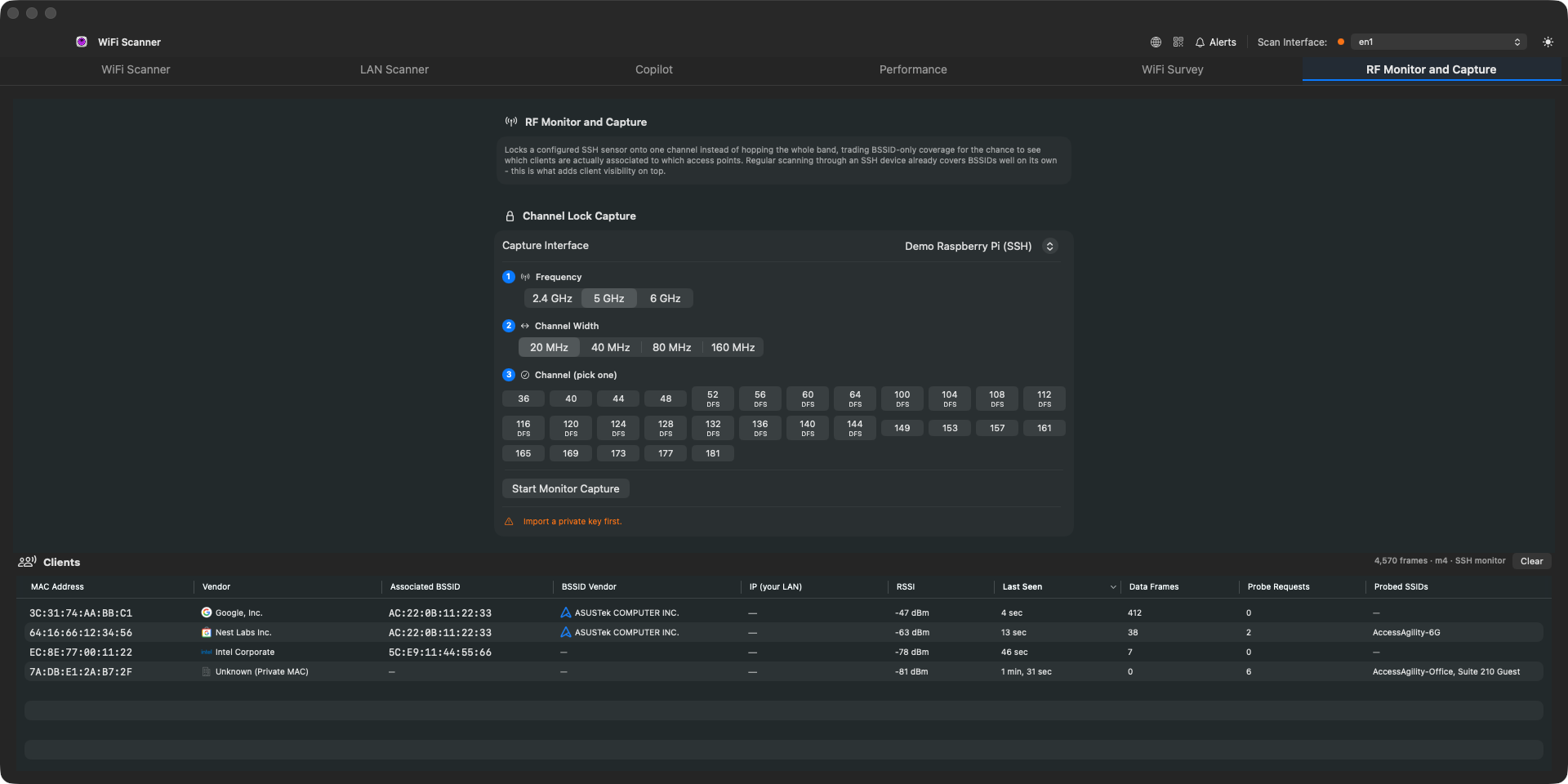RF Monitor tab: channel-lock capture and the live clients table