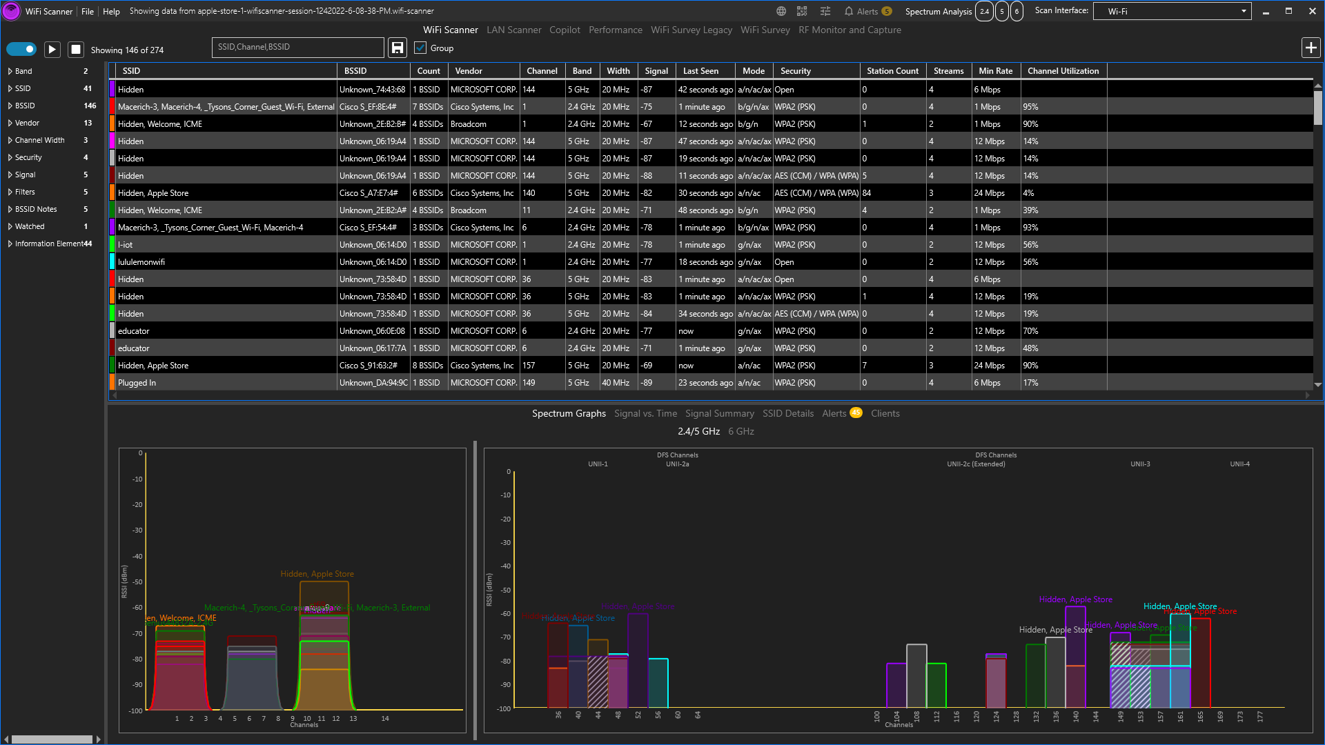 Scanner tab showing the left filter tree, a results grid with 568 real access points from a captured survey, and the top toolbar