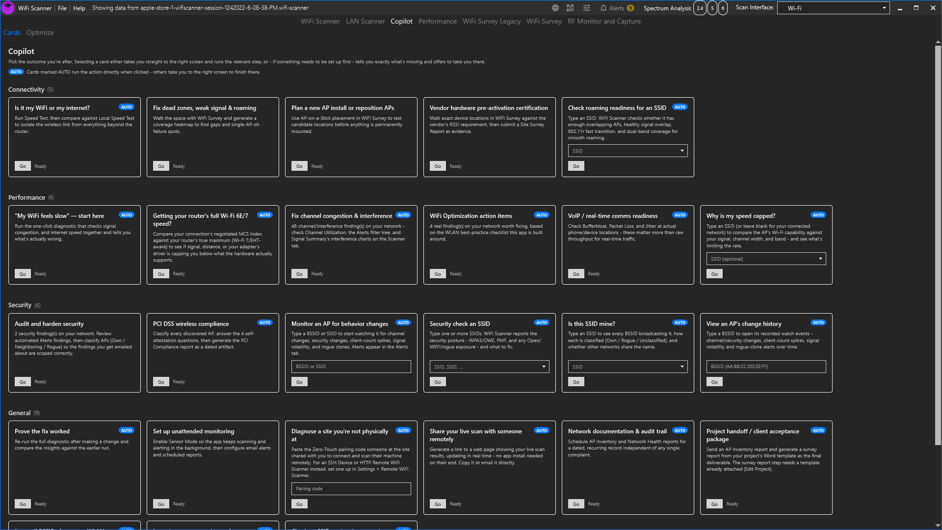 Copilot tab showing a grid of outcome cards, each with a title, description, and Go button