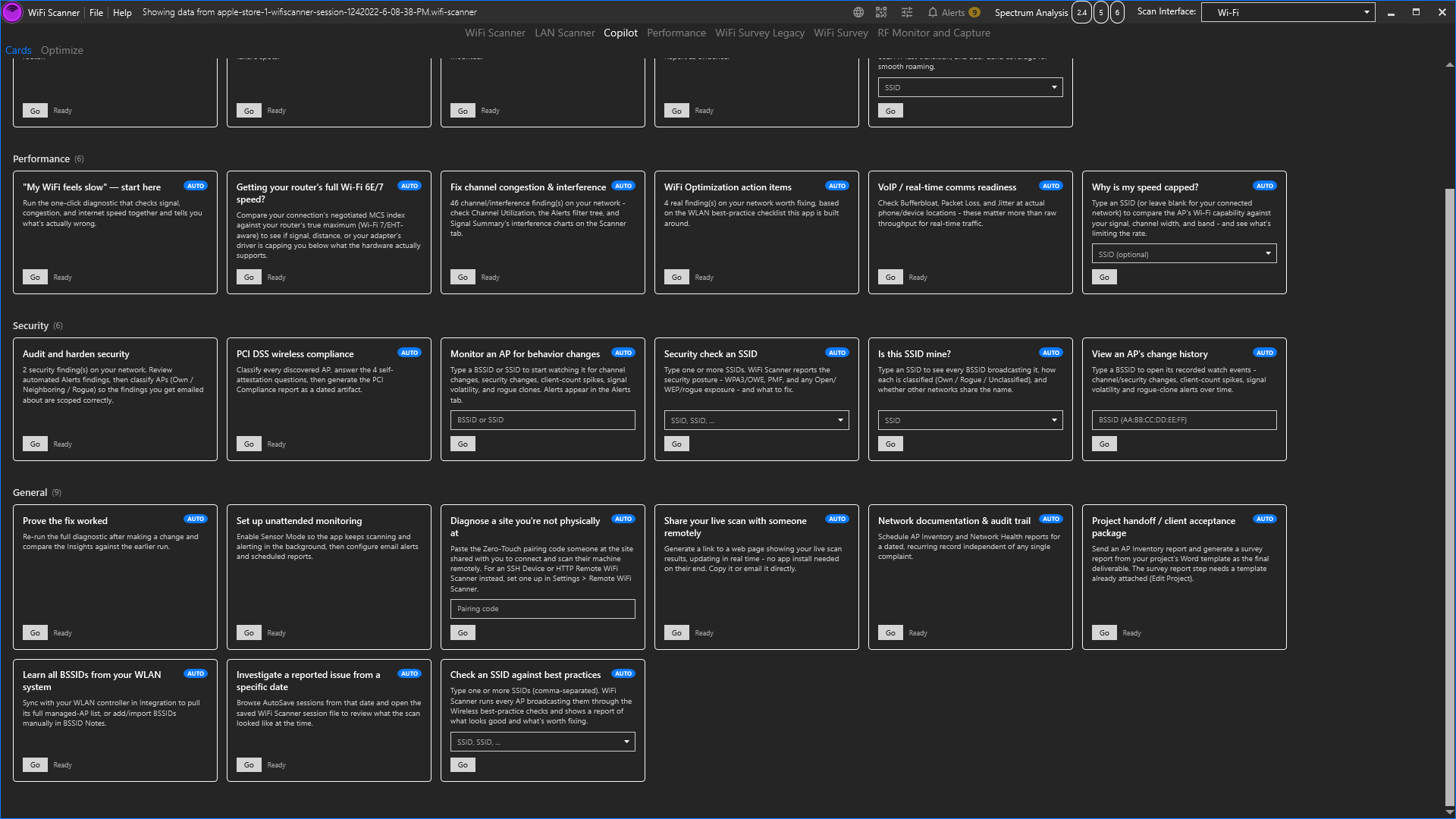 Seven AUTO Copilot cards: Investigate a reported issue from a specific date, Monitor an AP for behavior changes, Check an SSID against best practices, Security check an SSID, Is this SSID mine?, Check roaming readiness, Why is my speed capped?, View an AP's change history