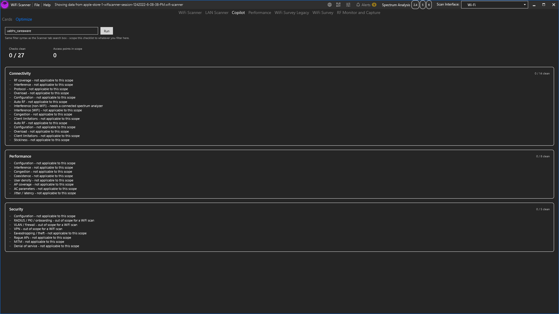 Copilot's WiFi Checker sub-tab showing a filtered checklist of connectivity and performance checks scoped to a typed filter