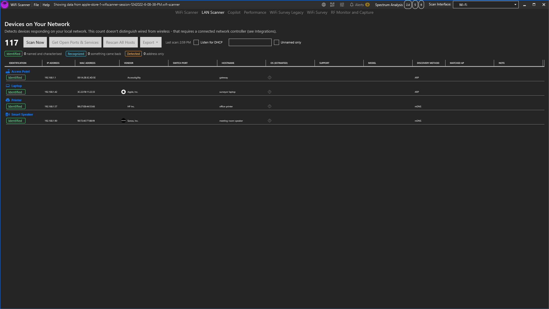 LAN Scanner tab with a grouped grid of discovered LAN devices and a details panel