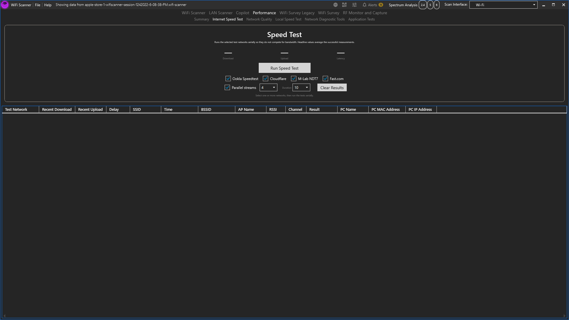 Speed Test tab with a speedometer gauge, download/upload/delay readouts, a server picker, and a results grid