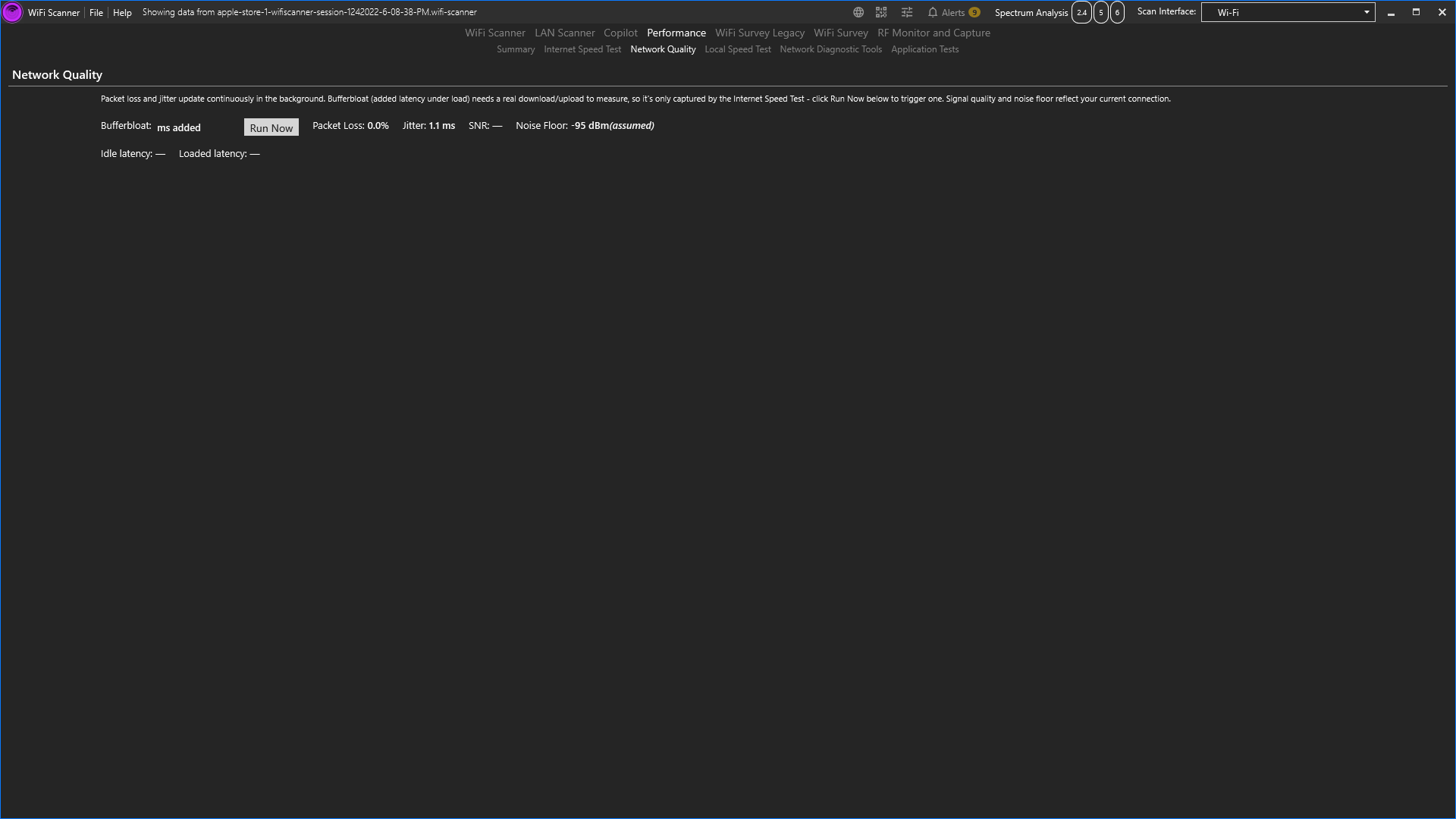 Network Quality tab showing Bufferbloat, Packet Loss, Jitter, Signal Quality, and Noise Floor readouts