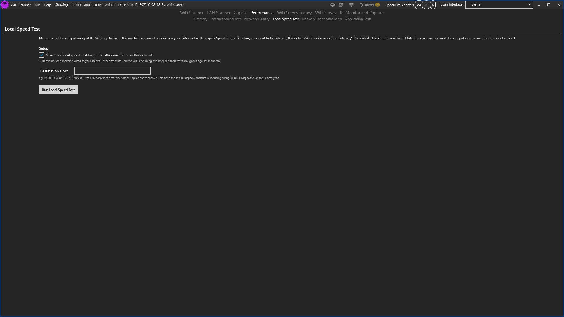 Local Speed Test tab with a Serve as a local speed-test target checkbox and a Destination Host field