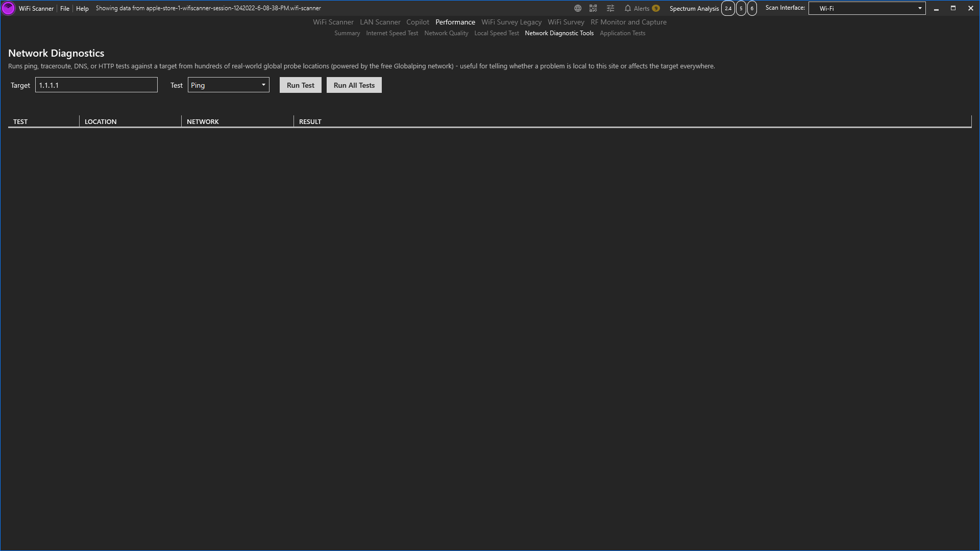 Network Tests tab with a Target field, a Test type dropdown for Ping/Traceroute/DNS Lookup/HTTP, Run Test and Run All Tests buttons, and a results grid