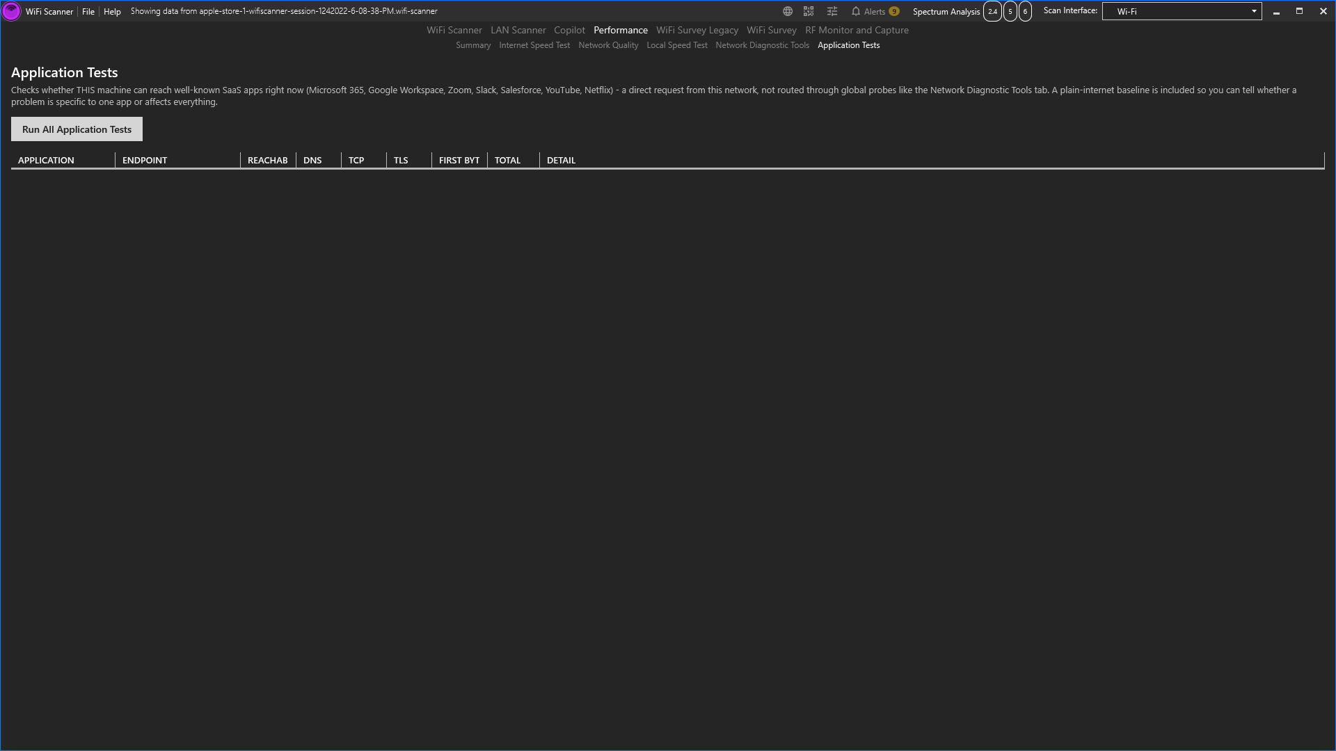 Application Tests tab with a Run All Application Tests button and a results grid with Application, Endpoint, Reachable, DNS, TCP, TLS, First Byte, Total, and Detail columns