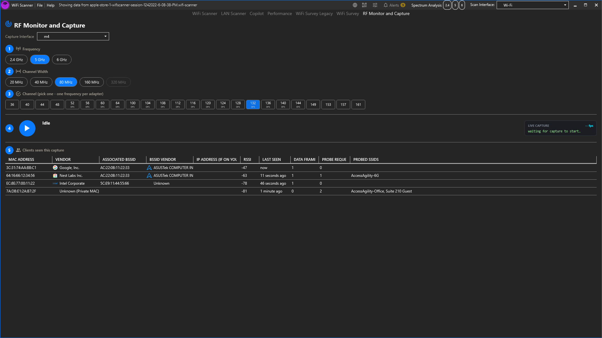 RFMON tab: channel-lock capture controls and the clients seen this capture grid