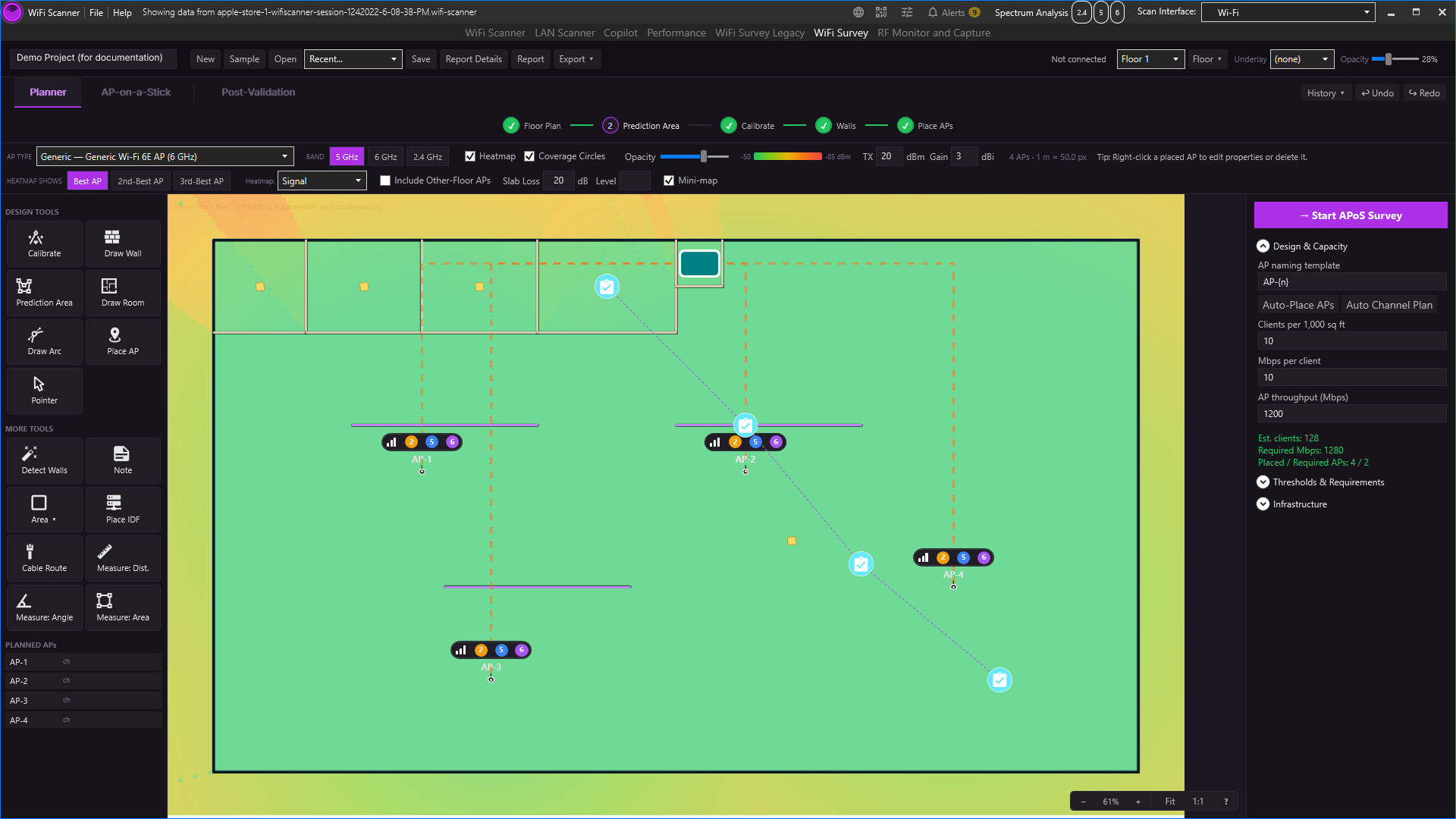 WiFi Survey Planner mode showing the tool rail on the left, a floor plan with a Signal heatmap overlay in the center, and the design panel on the right