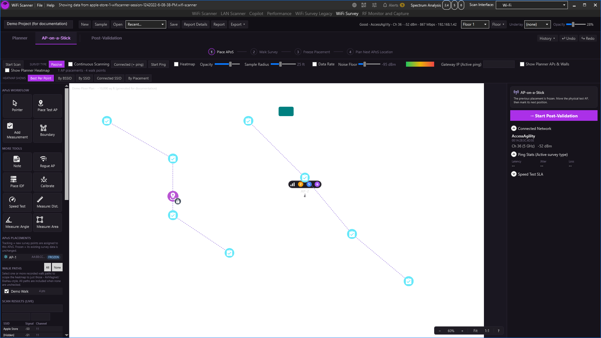 WiFi Survey AP-on-a-Stick mode showing the tool rail, a heatmap with walk points, and the Post-Validation readiness panel
