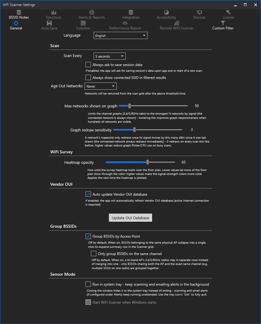 General Settings tab showing Scan, Spectrum Analysis, WiFi Survey, Vendor OUI, Sensor Mode, and Performance and Network Tests sections
