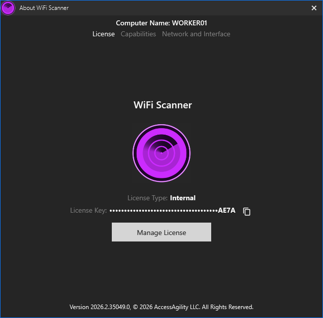 About WiFi Scanner window showing the License tab, with License Type, License Key, and a Manage License button