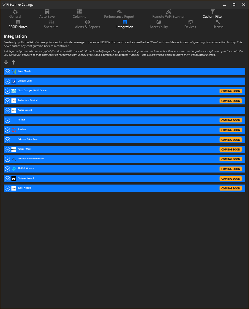 Integration preferences tab listing WLAN controller vendors with API key and status fields