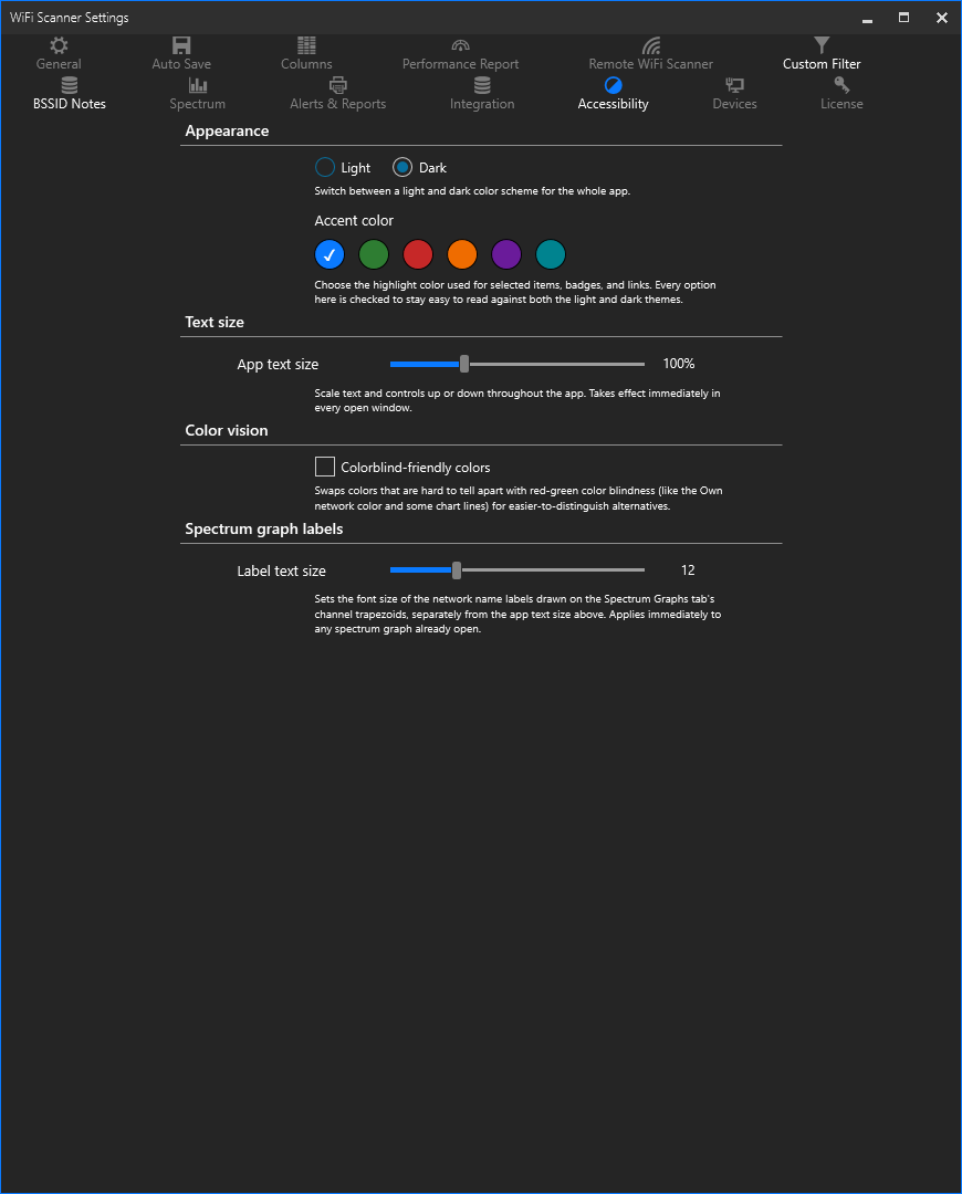 Accessibility preferences tab with Appearance, Text size, Color vision, and Spectrum graph labels sections