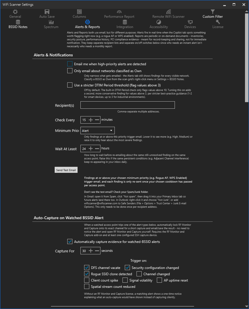 Alerts and Reports preferences tab showing the Alerts and Notifications section, Report Branding, and Scheduled Reports list