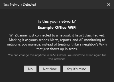 Is this your network? dialog showing the SSID and Yes/No/Not Now buttons