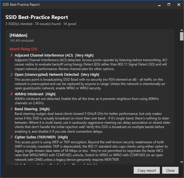 A generated best-practice report window listing Good and Bad findings for several real SSIDs