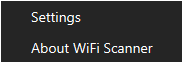 WiFi Scanner menu with Settings and About WiFi Scanner items