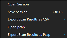 File menu with Open Session, Save Session, Export Scan Results as CSV, Export Scan Results as Pcap, and Open pcap items