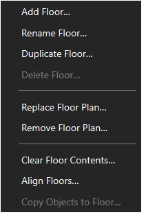 Floor menu showing Add Floor, Duplicate Floor, Delete Floor (greyed), Clear Floor, Align Floors, Import Floor Plan, and Copy to Floor (greyed)